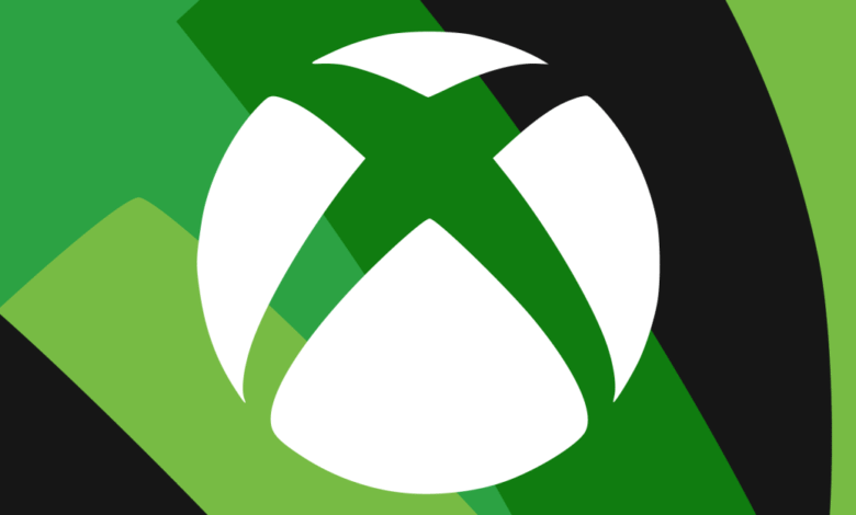 White Xbox logo centered on a background of abstract green and black shapes.