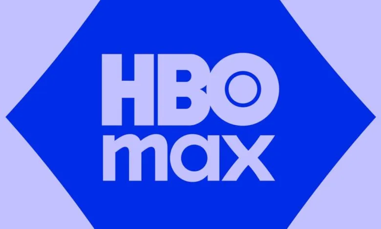 The HBO Max logo in light purple against a vibrant blue background with geometric shapes.