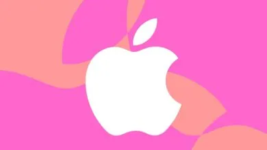 White Apple logo on a vibrant pink and coral abstract background.
