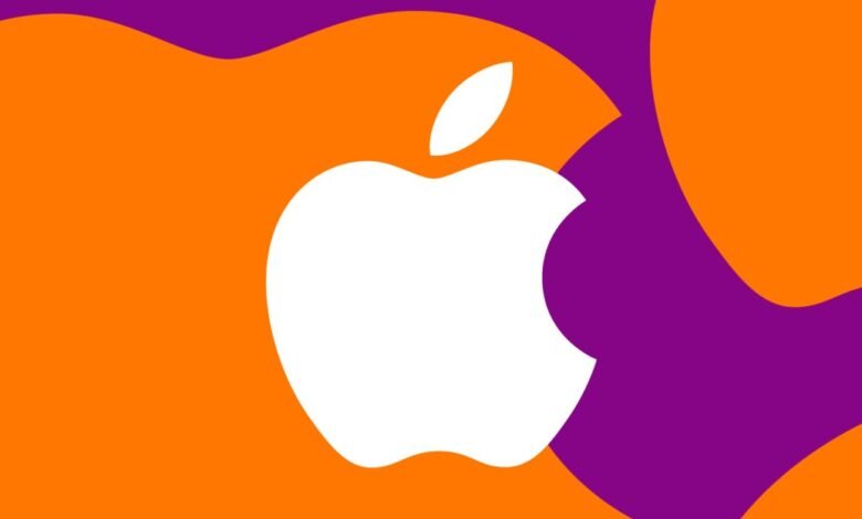 White Apple logo on an abstract background of orange and purple waves.