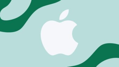 White Apple logo on a light blue background with abstract green wavy shapes.