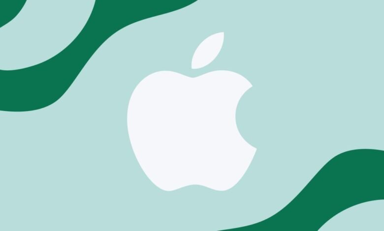 White Apple logo on a light blue background with abstract green wavy shapes.