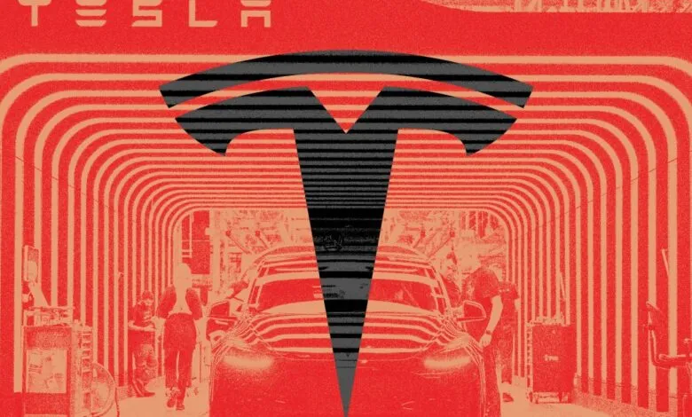 Tesla logo superimposed over a car assembly line with red and beige tunnel background.
