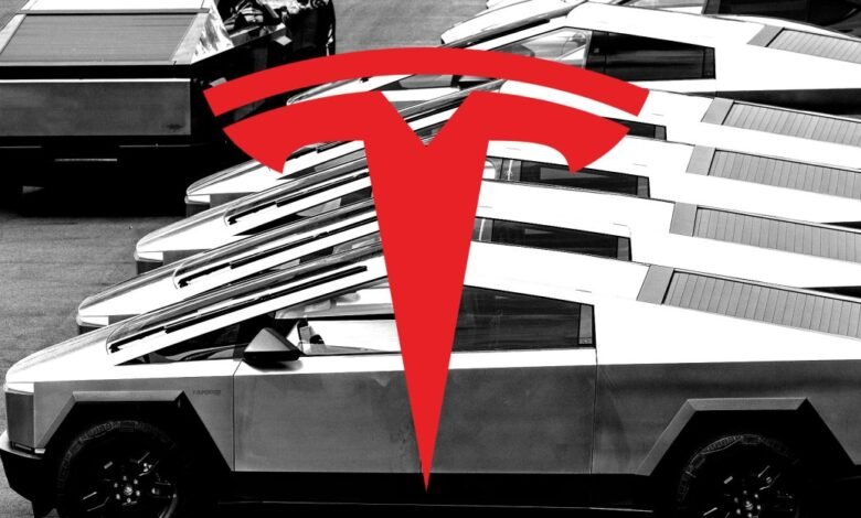 A row of Tesla Cybertrucks with the red Tesla logo overlaid.