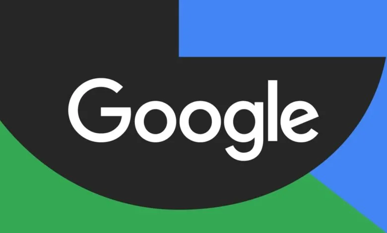 The Google logo in white text on a dark gray background with green and blue abstract shapes.