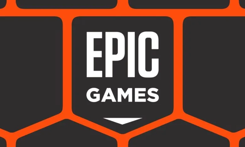 Epic Games logo with white text on a dark gray background and orange hexagonal pattern.