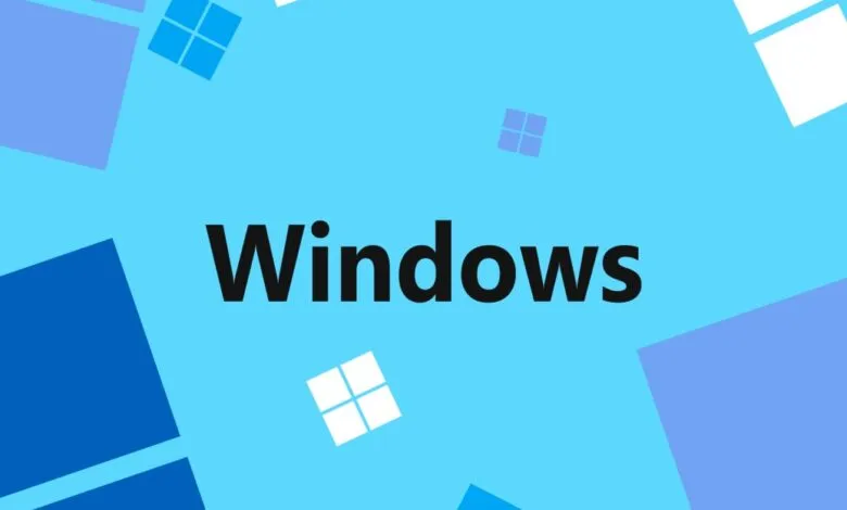 The word Windows in bold black text on a bright blue background with abstract shapes and Windows logos.