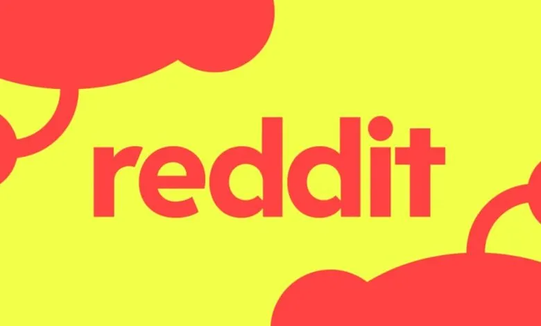The Reddit logo in red text on a bright yellow background with red abstract shapes.