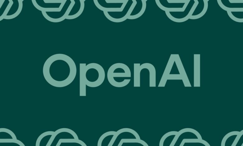 OpenAI logo and branding on a dark teal background with abstract cloud-like patterns.