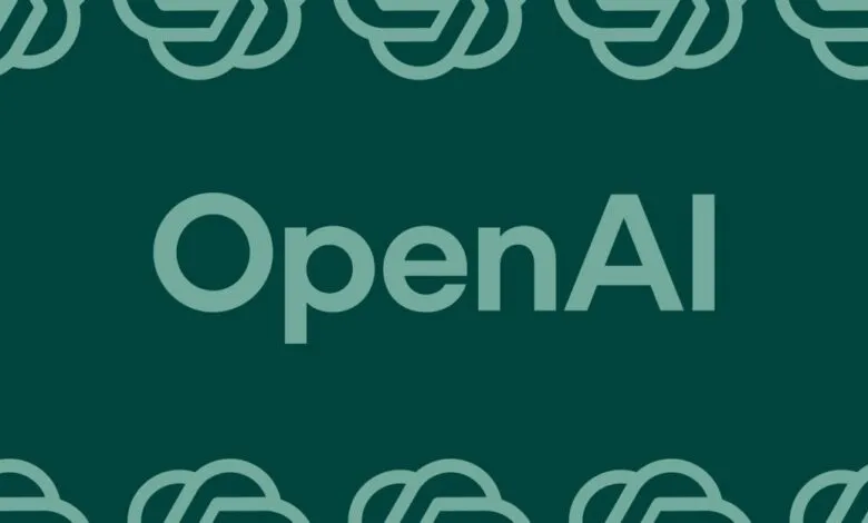 OpenAI logo and branding on a dark teal background with abstract cloud-like patterns.