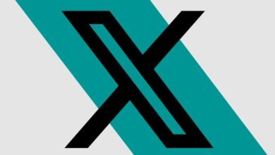Abstract black 'X' logo design with teal and gray background.