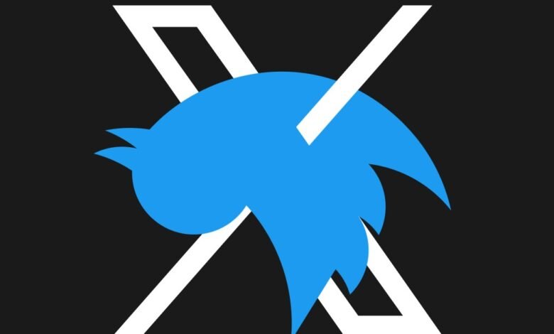 The iconic blue Twitter bird logo is superimposed over a stylized white 'X' on a black background.