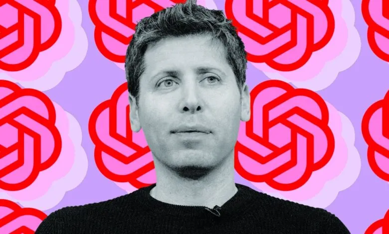Sam Altman, CEO of OpenAI, against a background of the OpenAI logo.