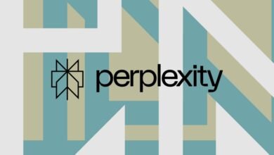 Perplexity AI logo with abstract geometric background in teal, beige, and white.