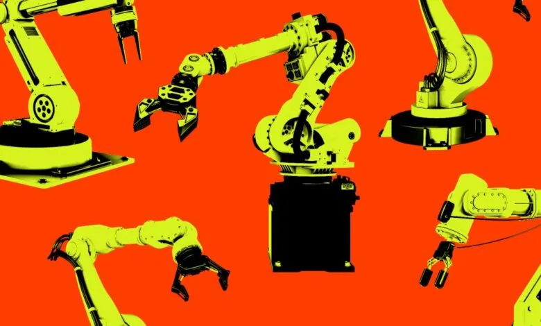 Multiple industrial robotic arms in bright yellow against a vibrant orange background.
