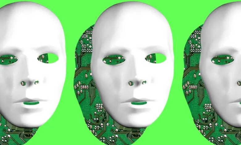 Three white masks with circuit board patterns visible through the eye and mouth openings against a bright green background.