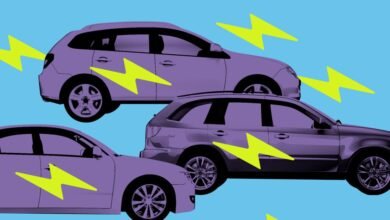 Three purple cars with yellow lightning bolts on a bright blue background.
