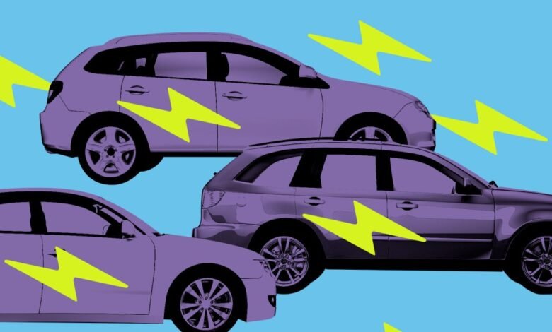Three purple cars with yellow lightning bolts on a bright blue background.