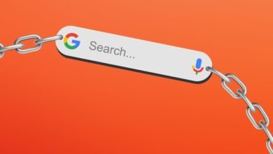 Google search bar connected by a metal chain on an orange background
