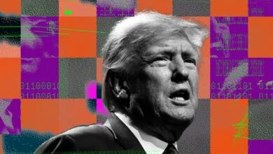 Close-up of Donald Trump's face with a glitch art background featuring binary code and colorful squares.