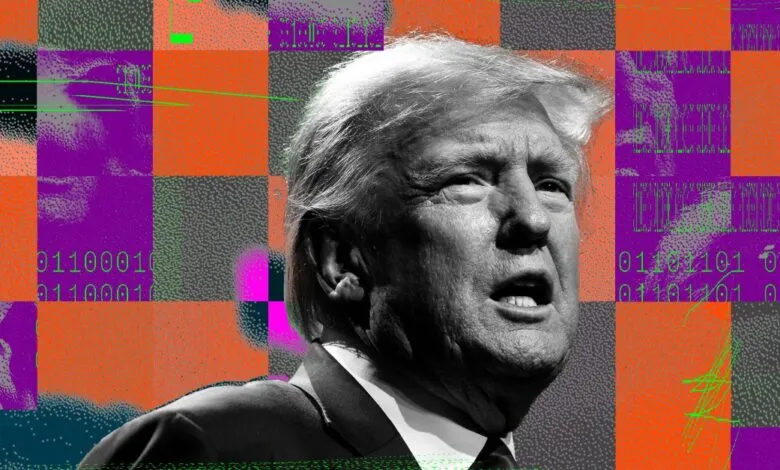 Close-up of Donald Trump's face with a glitch art background featuring binary code and colorful squares.
