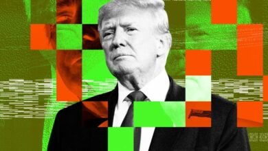 Portrait of Donald Trump with a glitch art overlay of green and orange squares.