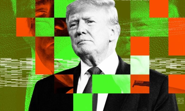 Portrait of Donald Trump with a glitch art overlay of green and orange squares.
