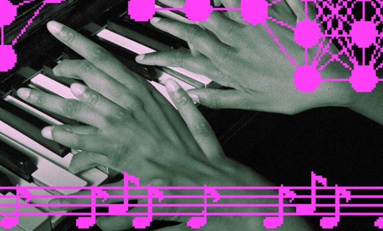 Close-up of hands playing a piano with AI network graphics and musical notes overlay.