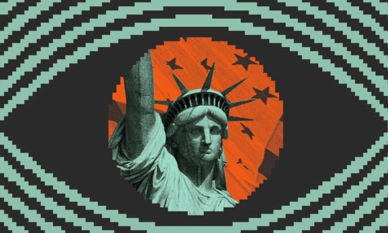 Stylized Statue of Liberty within an eye-like pattern, symbolizing surveillance.