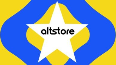 Altstore logo with a white star on a blue and yellow abstract background.