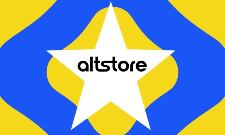 Altstore logo with a white star on a blue and yellow abstract background.