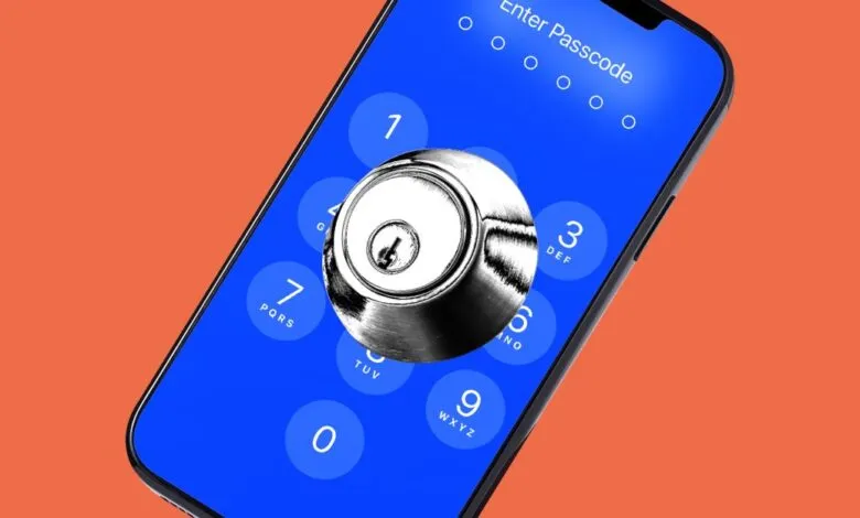 A smartphone screen displays a passcode entry with a lock cylinder superimposed.
