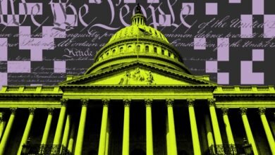 The US Capitol building with a neon green overlay, set against a background of text from the Constitution and a purple and gray checkerboard pattern.