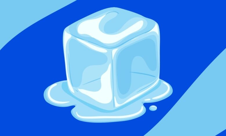 A melting ice cube on a blue background with light blue abstract shapes.