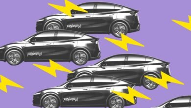 Several dark gray Tesla Robotaxis with yellow lightning bolts on a purple background.