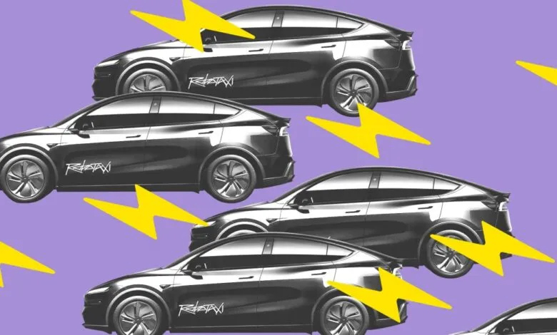 Several dark gray Tesla Robotaxis with yellow lightning bolts on a purple background.