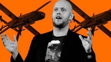 Daniel Ek speaking with drones in the background