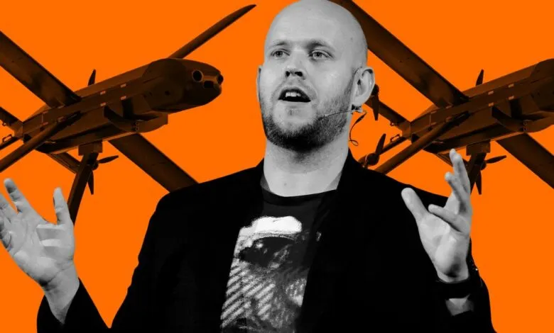 Daniel Ek speaking with drones in the background