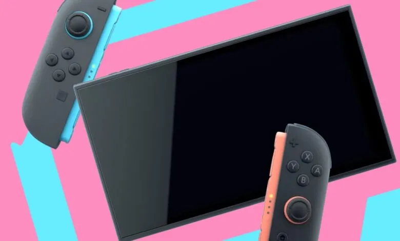 Nintendo Switch console with detached Joy-Con controllers in blue and orange.