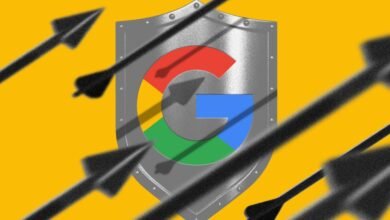 Google logo on a shield being attacked by arrows