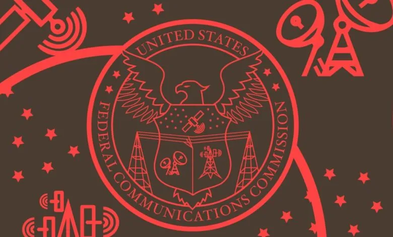 Federal Communications Commission logo with communication tower and satellite icons.