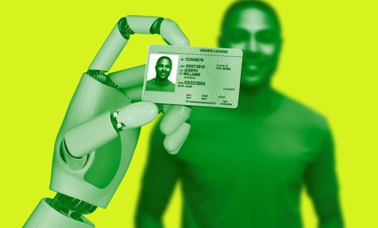 A robot hand holds a driver's license with a man's photo, against a blurred green human figure and bright yellow background.