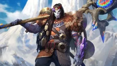 A fantasy character with grey skin, long black hair, and tribal markings holds a staff adorned with crystals.