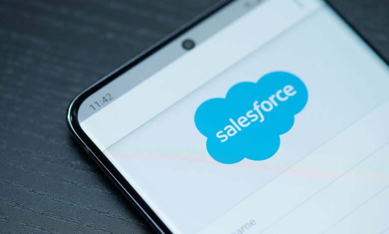 Close-up of a smartphone screen displaying the Salesforce logo.