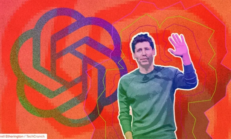 Sam Altman, CEO of OpenAI, waves with a colorful abstract background featuring the OpenAI logo.