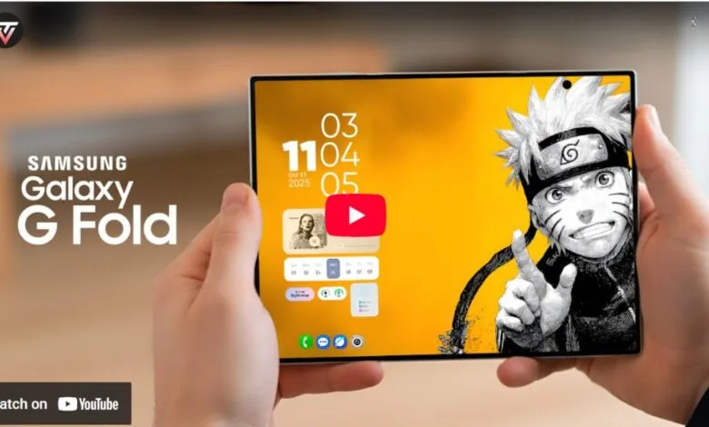 Hands holding a Samsung Galaxy G Fold phone displaying a Naruto wallpaper and widgets.