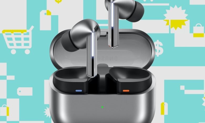 Close-up of sleek, silver wireless earbuds in an open charging case against a teal and white graphic background with shopping icons.