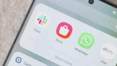 Close-up of a smartphone screen showing app icons for Slack, Store, WhatsApp, and eBay.
