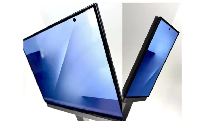 A futuristic Samsung Galaxy Z TriFold smartphone unfolds with a blue abstract wallpaper.