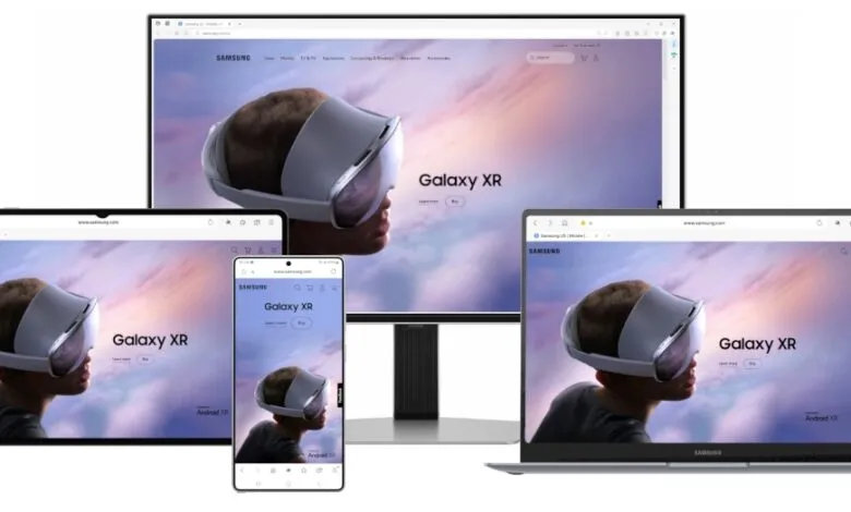 Samsung Galaxy XR headset displayed on multiple devices including a laptop, tablet, and smartphone.